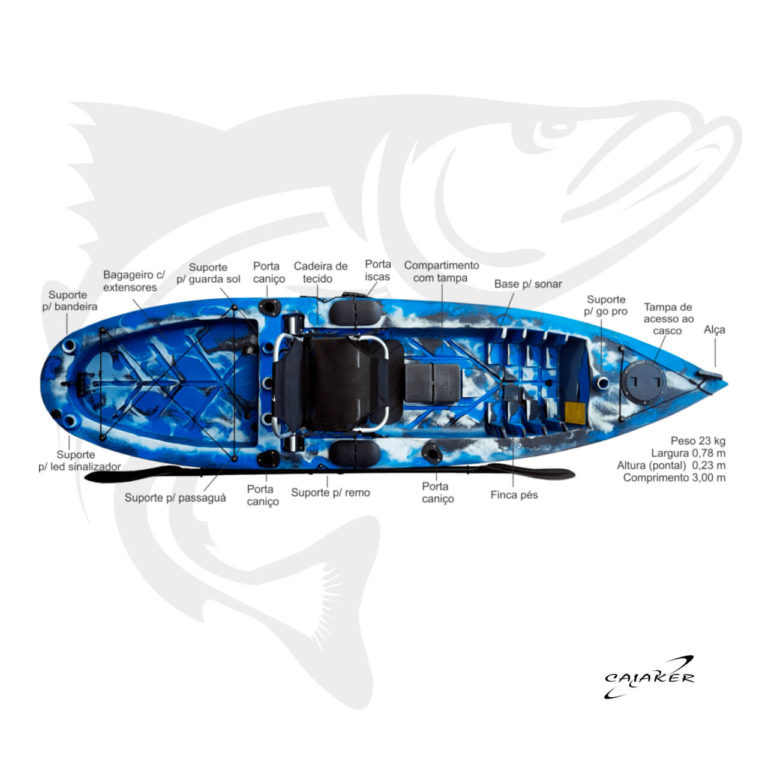 Detalhes Caiaque Robalo Pro Caiaker - Azul camuflado